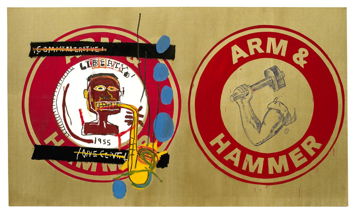 « Arm and Hammer II » (1984-85), Jean-Michel Basquiat, Andy Warhol. Sur les deux logos posés à l’acrylique par Warhol, Basquiat a rajouté la figure de Charlie Parker.