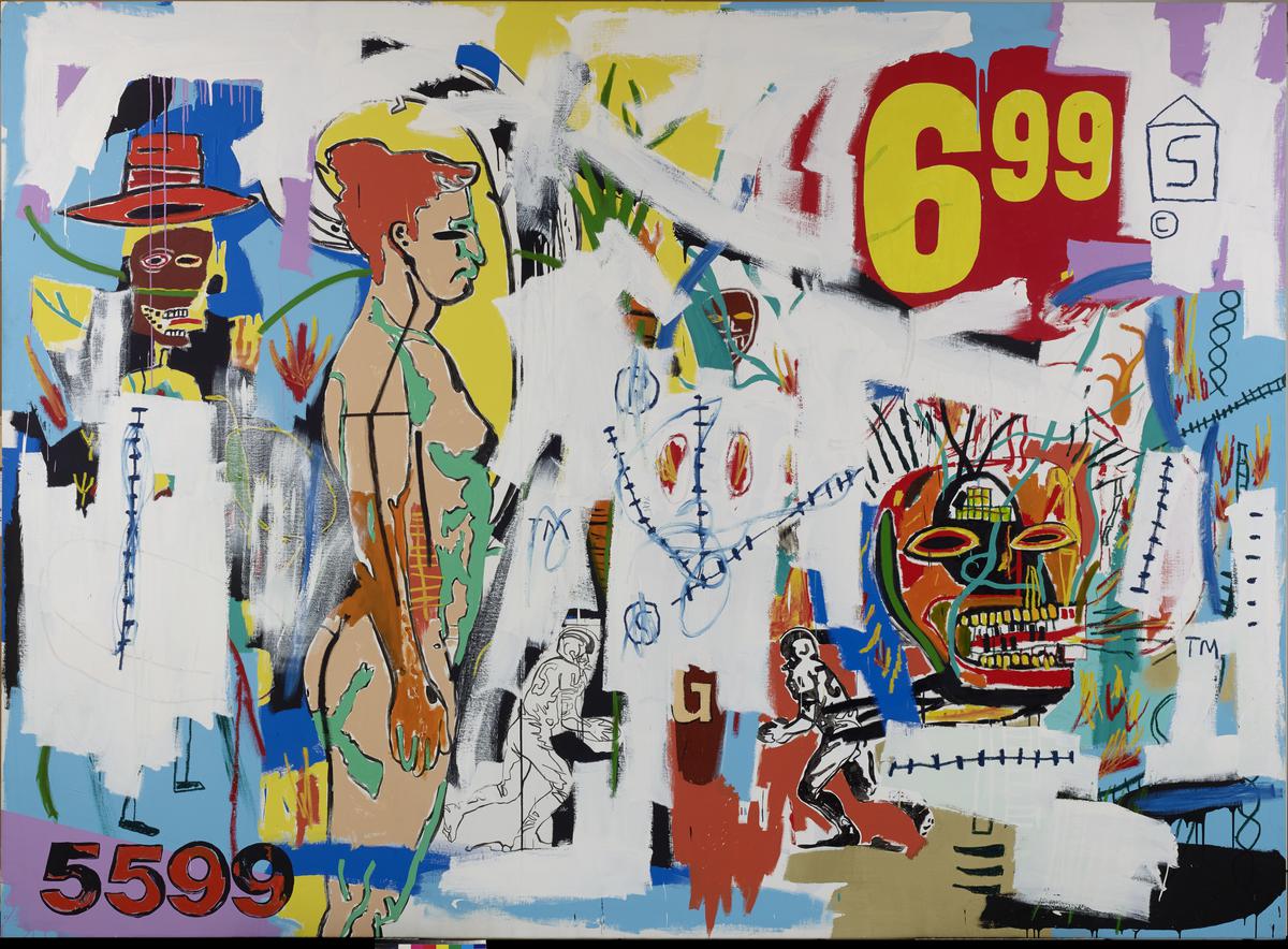 « 6.99 » (1985), un œuvre de quatre mètres de long, était, selon le galeriste Bruno Bischofberger, l’une des peintures collaboratives que Warhol appréciait le plus.
