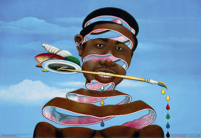 Chéri Samba, J'aime la couleur, 2003, acrylique et paillettes sur toile, 206 x 296 cm