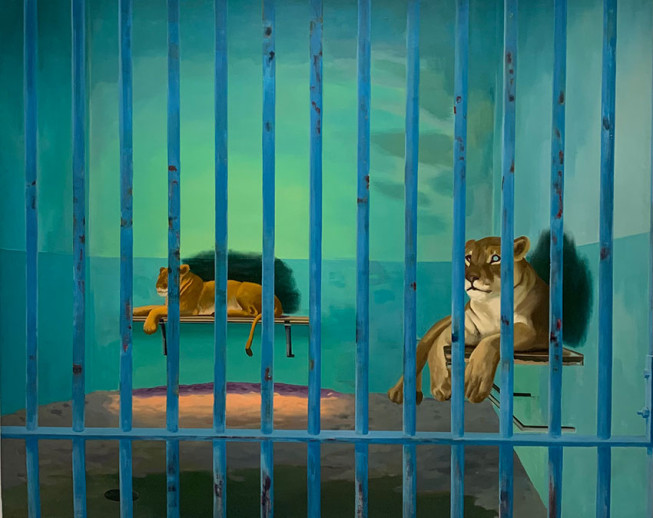 Cage aux lions (1967) de Gilles Aillaud, présenté dans l’exposition « Gilles Aillaud. Animal politique », Centre Pompidou, Paris, 2023 © Guy Boyer